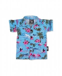 Six Bunnies Baby Button Up Shirt: Flamingoes Blue
