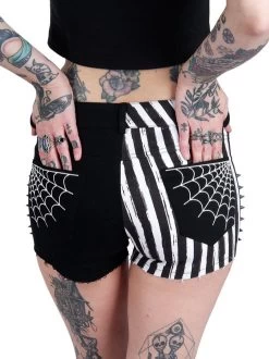 Too Fast Spiderweb Studded Stretch Denim Shorts
