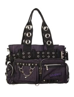 Banned Handcuff Handbag: Black / Purple Striped