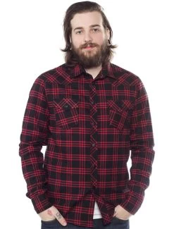 Kustom Kreeps Plaid Western Button Down: Black / Red