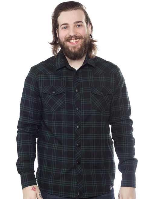 Kustom Kreeps Plaid Western Button Down: Black / Green 3 Kustom Kreeps Plaid Western Button Down: Black / Green