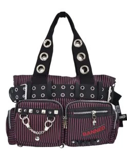 Banned Handcuff Handbag: Black / Red Striped
