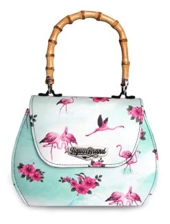 Liquorbrand Flamingos Bamboo Handle Bag: Teal