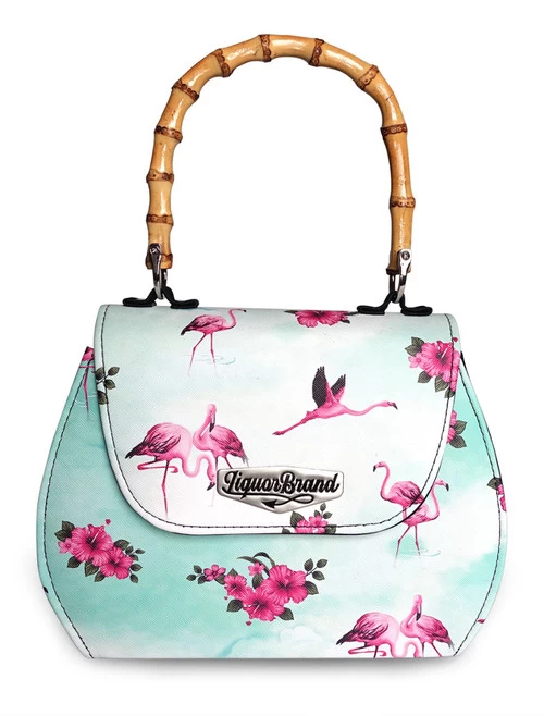 Liquorbrand Flamingos Bamboo Handle Bag: Teal 3 Liquorbrand Flamingos Bamboo Handle Bag: Teal
