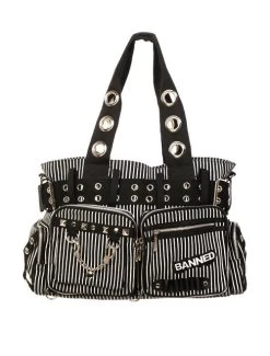 Banned Handcuff Handbag: Black / White Striped