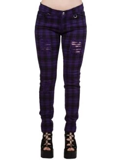 Banned Move On Up Ripped Skinny Jeans: Purple Check - Small