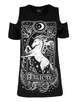 Restyle Magical Unicorn Cold Shoulder T-Shirt: Grey