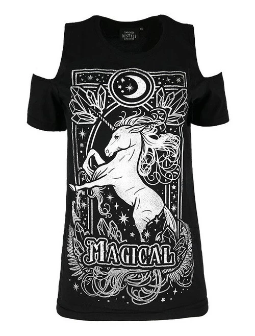 Restyle Magical Unicorn Cold Shoulder T-Shirt: Grey 3 Restyle Magical Unicorn Cold Shoulder T-Shirt: Grey