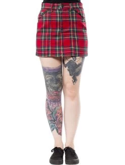 Sourpuss Five Pocket Mini Skirt: Red Plaid - Small