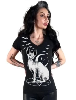 Too Fast Sphynx Cat & Bats V-Neck T-Shirt - Medium