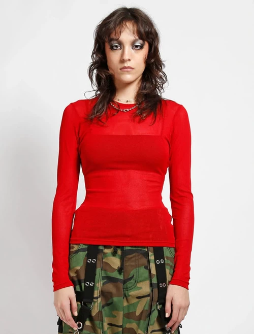 Tripp NYC Ladies' Long Sleeve Fishnet Top: Red 3 Tripp NYC Ladies' Long Sleeve Fishnet Top: Red