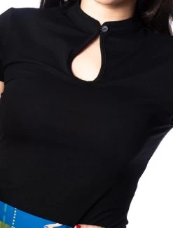 Banned Mandarin Collar Top: Black -Fashion Apparel Big C Edit Short Sleeve Close 25295.1563956076