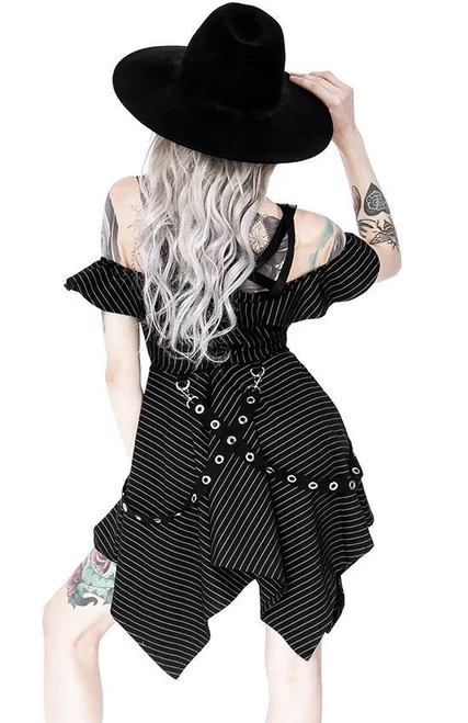 Restyle Pinstripe Floaty Gothic Dress With Pentagram - Small And 3XL 10 Restyle Pinstripe Floaty Gothic Dress With Pentagram - Small And 3XL - Image 8