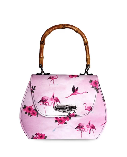 Liquorbrand Flamingos Bamboo Handle Bag: Pink 3 Liquorbrand Flamingos Bamboo Handle Bag: Pink