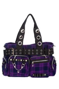 Banned Camdyn Handcuff Bag: Purple Tartan