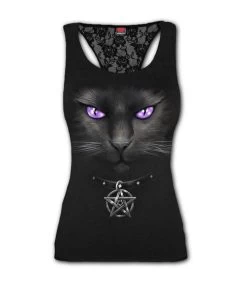 Spiral Black Cat Lace Back Racerback Tank Top